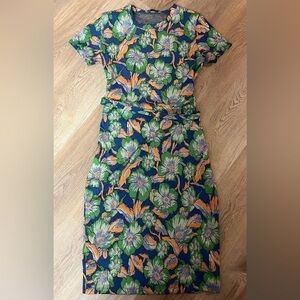 Zara Womens L Bold Jacquard Knit Tropical Floral Short Sleeve Midi Dress